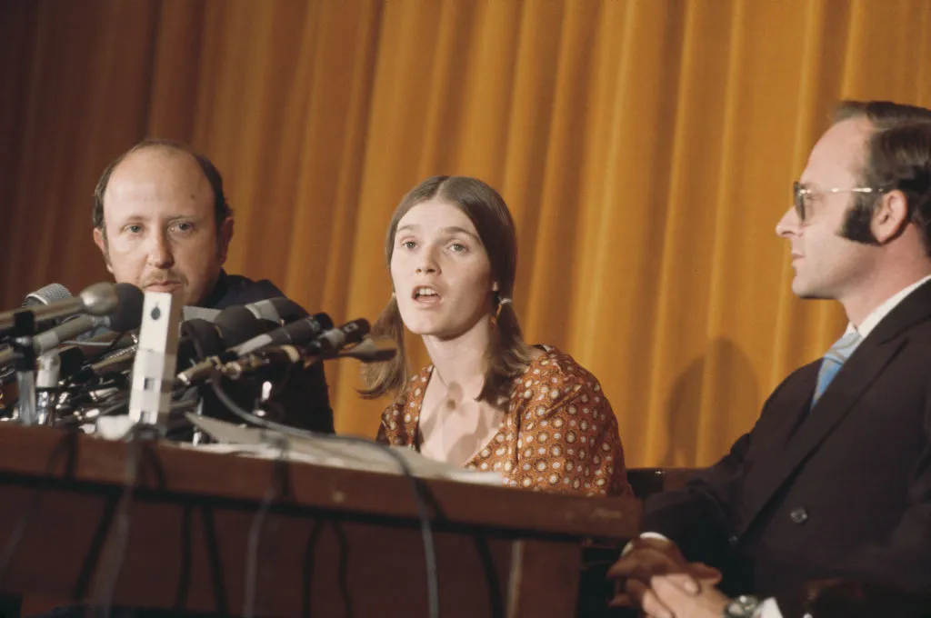 Manson family member Linda Kasabian, star witness in the Sharon Tate and LaBianca murder trial, at a press conference in Los Angeles, after being granted immunity from prosecution