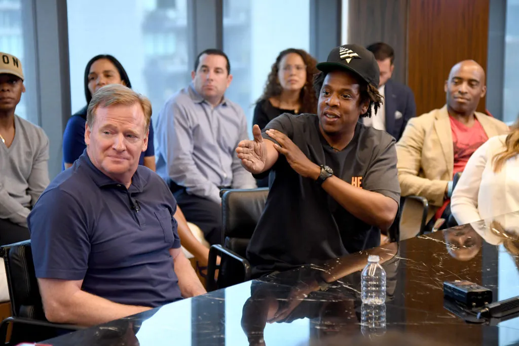 NFL Commissioner Roger Goodell and Jay Z at the Roc Nation and NFL Partnership Announcement at Roc Nation on August 14, 2019 in New York City