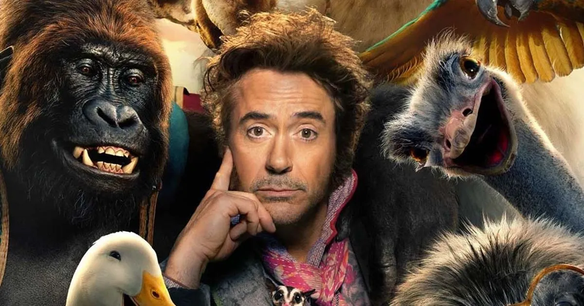 Robert Downey Jr. surrounded by animals on the poster for the new 'Dolittle' movie