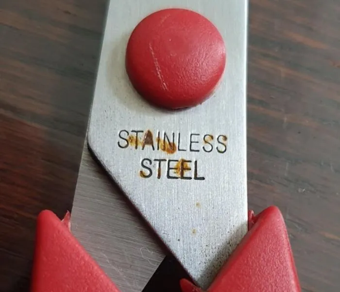 scissors with rust on them that say stainless steel