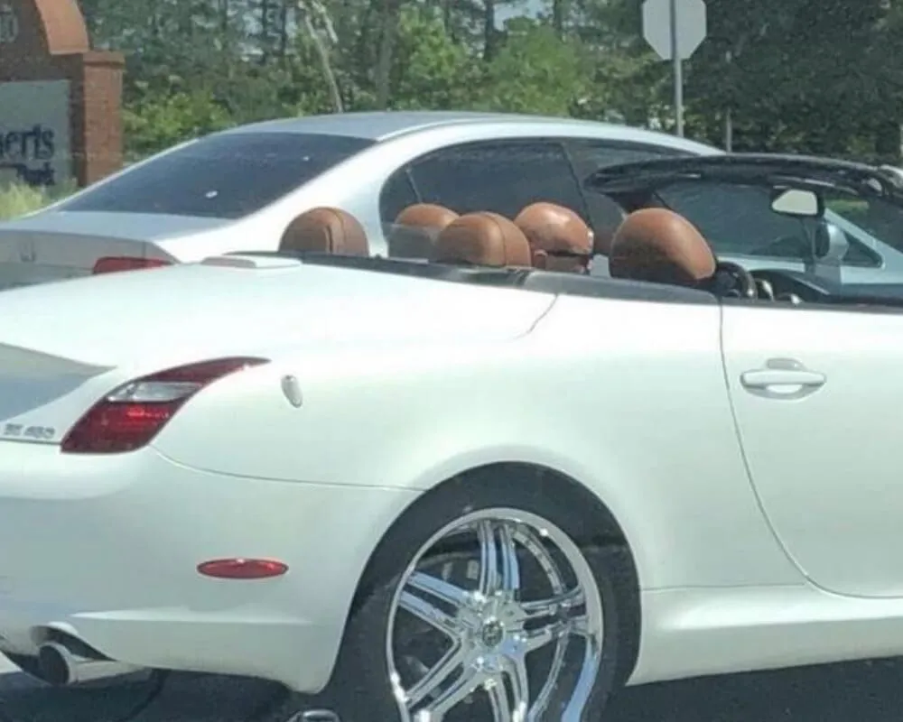 man driving convertable with seat heads that look like his