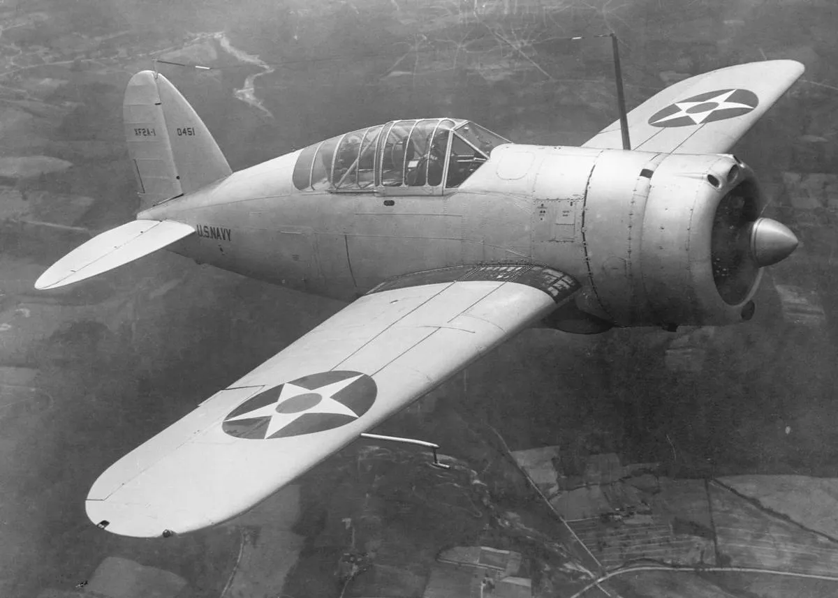 A Brewster Buffalo prototype flies through the air.